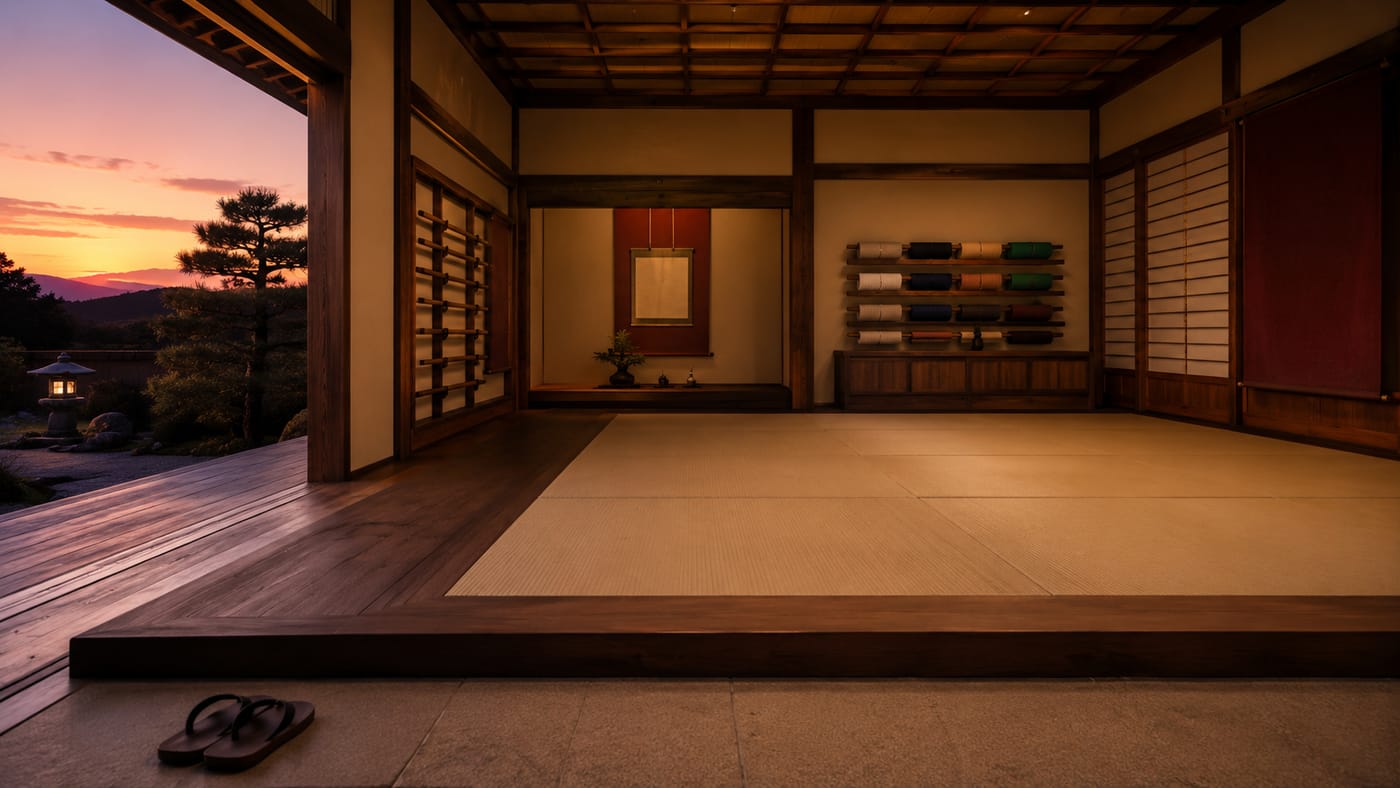 An empty dojo at dusk — clean tatami, belts stored neatly, a pair of sandals by the entrance.