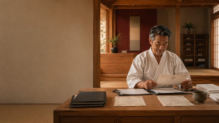An instructor calmly reviewing certifications and paperwork in a clean, professional dojo setting.