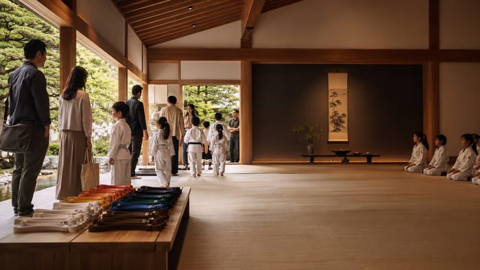 Grading day — families arriving as coloured belts are laid out neatly on a timber bench.
