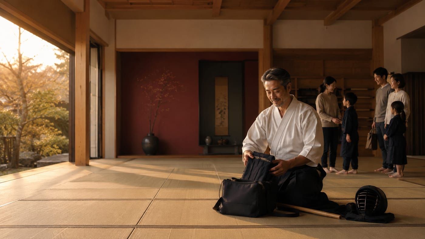 A Sensei calmly packing away equipment after class in a warm timber dojo at golden hour, while a family waits nearby.