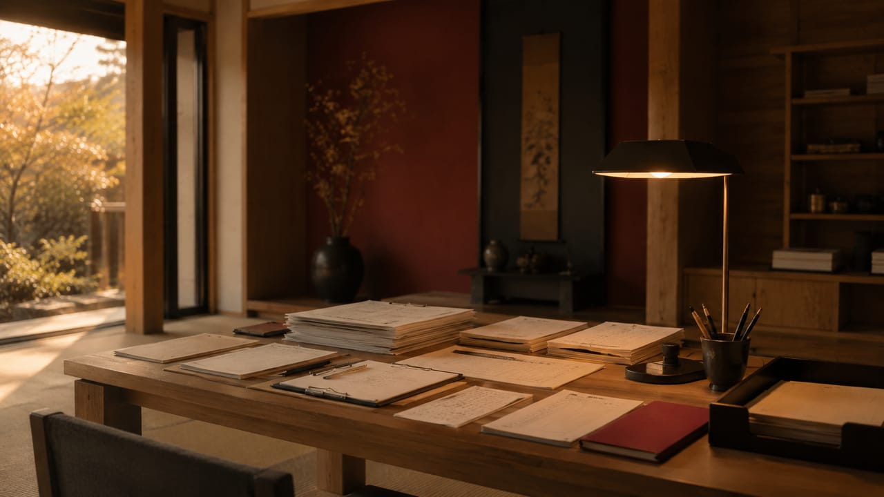A dojo office desk after class, covered in attendance sheets, grading paperwork and notebooks under a single warm lamp.
