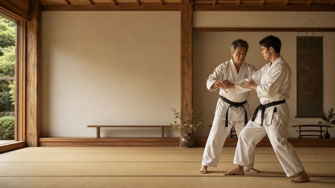A senior instructor mentoring a junior instructor on the tatami, working from the floor rather than an office.