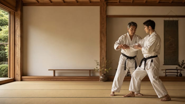 A senior Sensei patiently mentoring a younger instructor through a technique on the tatami.