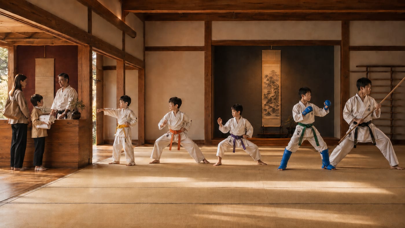A wide dojo scene showing the journey from a child enrolling at reception through coloured belts to a black belt with a staff.