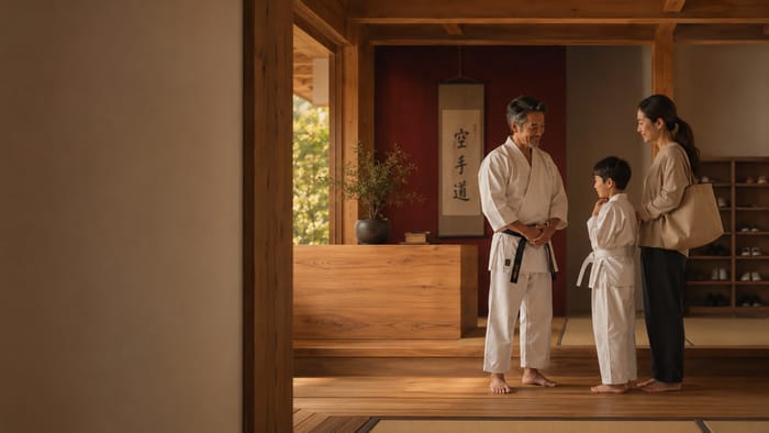 A Sensei warmly greeting a parent and a nervous white-belt child at the dojo reception.