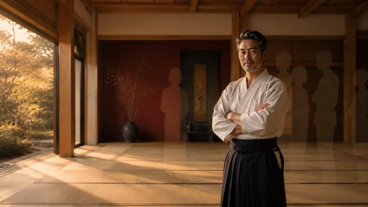 A Sensei standing confidently in the dojo, with soft translucent silhouettes behind them suggesting unseen support.